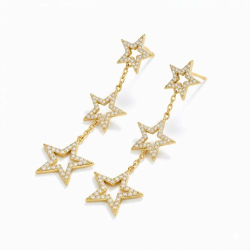 18K yellow gold plated star burst triple cz star dangle earrings