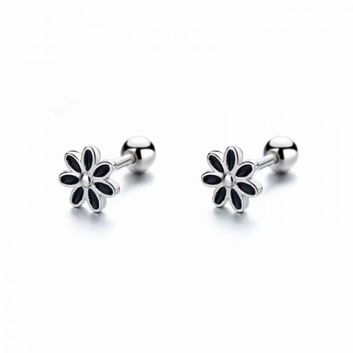 925 Sterling silver black enamel flower stud earrings