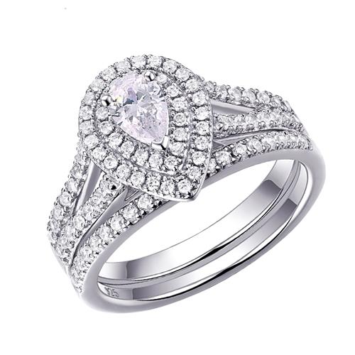 Beautiful Pear Cubic Zirconia Bridal Set 925 Sterling Silver Ring 