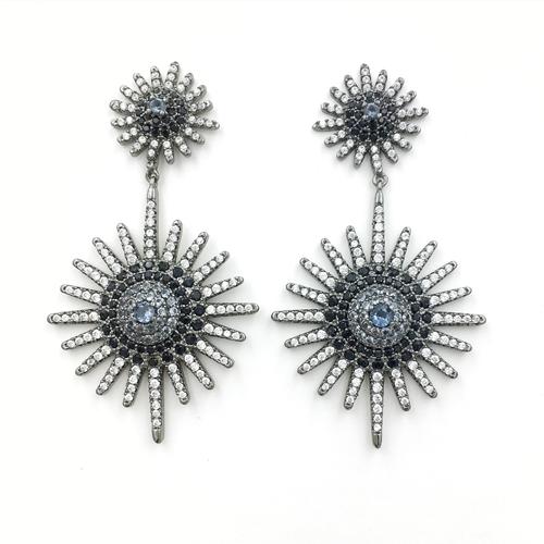 Black rhodium plating double starbust black and white cz dangle earring