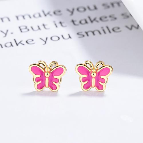 Children's pink enamel butterfly screw back safety baby girl earring