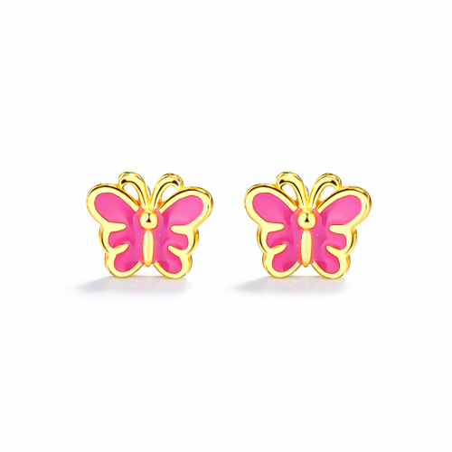 Children's pink enamel butterfly screw back safety baby girl earring