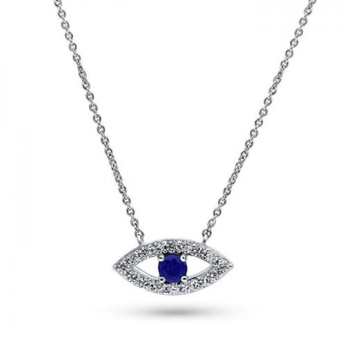 Dark blue cubic zirconia evil eye sterling silver charm necklace