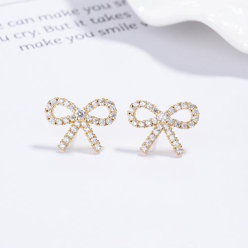 Delicated gold bow girl studs earring with pave cz for childrens jewelry