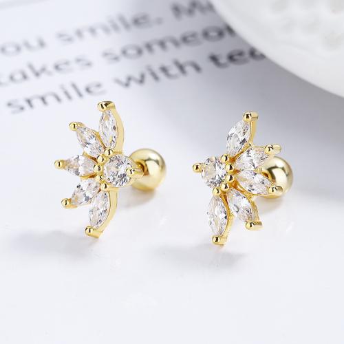 Gold plated flower studs earring with clear marquoise cz