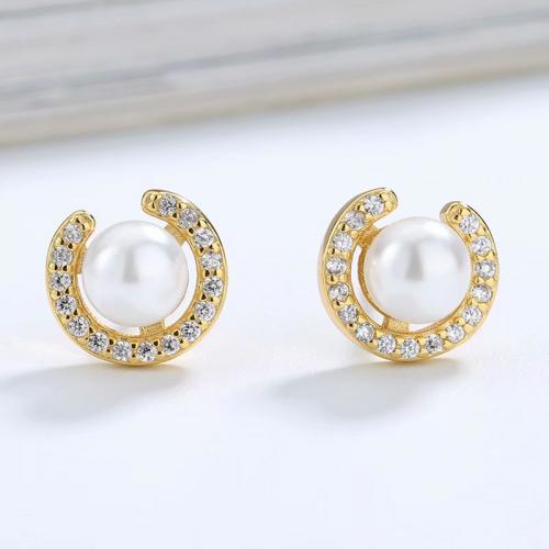 Gold plating sterling silver pearl stud earring with clear cz surrounded