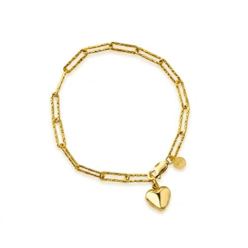 Gold plate textured paper clip chain lady bracelet with a heart charm