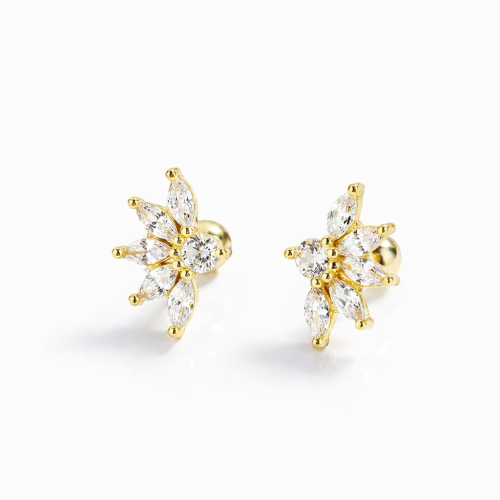Gold plated flower studs earring with clear marquoise cz