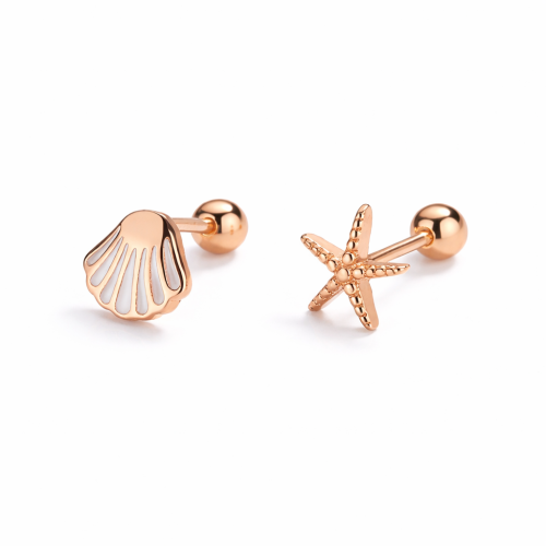 Kid starfish and seashells rose gold plated sterling silver screwback earrings