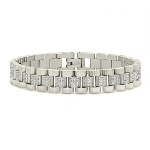 Mens Stainless Steel Link Wrist Band Bracelet With Cubic Zirconia 