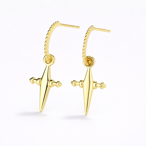 Men's fashion hip hop sterling silver sword earring with 18K gold color