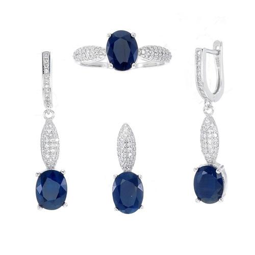 Oval cutting blue sapphire main stone sterling silver earring ring pendent jewelry sets
