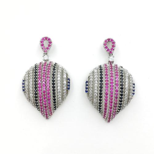 Pink and black cubic zirconia heart shape dangle 925 sterling silver earring 