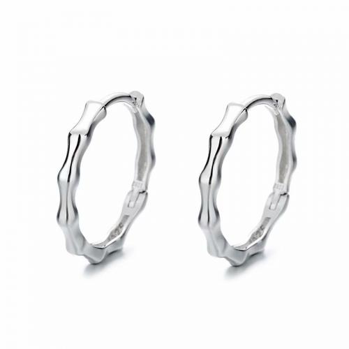 Rhodium plated bamboo round hoop earring made of 925 sterling silver