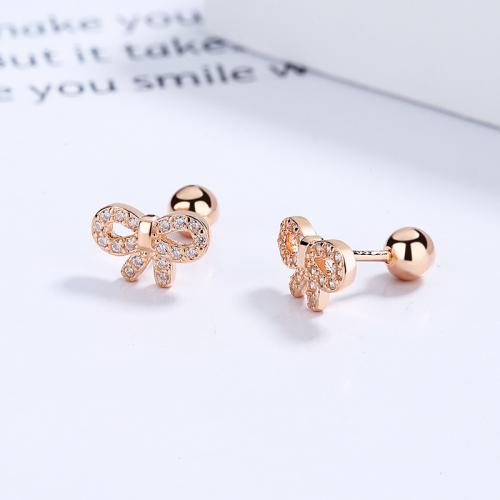 Rose gold plating dainty and delicate CZ bow studs earring