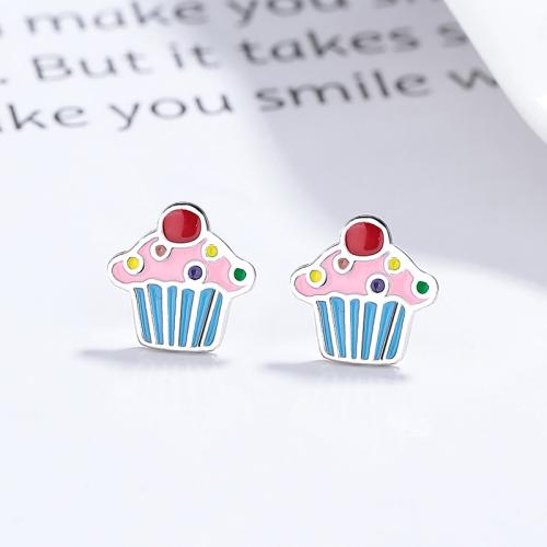 Sterling silver cupcake with cute pink blue enamel baby toddler kids earring 