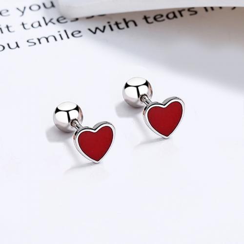 Sterling silver red enamel heart stud earring