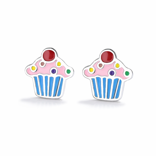Sterling silver cupcake with cute pink blue enamel baby toddler kids earring 