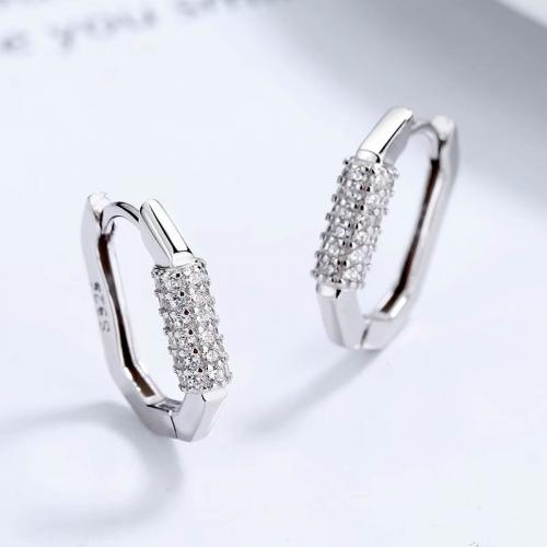 Timeless rhodium plated sterling silver geometric polygon huggies earring with white cz