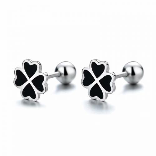 Wholesale sterling silver black enamel clover stud earring for man