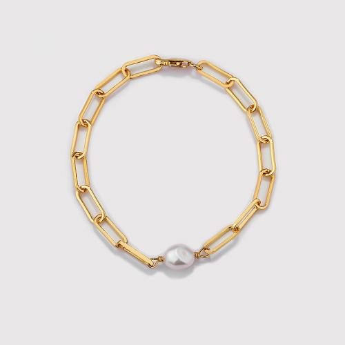 Yellow Stylish gold plated chunky paperclip link chain bracelet with a pearl