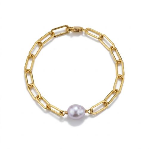Yellow Stylish gold plated chunky paperclip link chain bracelet with a pearl