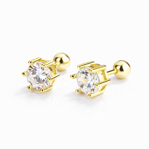 Yellow gold plated sterling silver round clear cz prong setting stud earrings