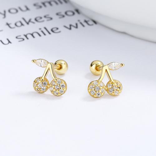 Stelring silver micro pave setting clear CZ cherry shape kids earring