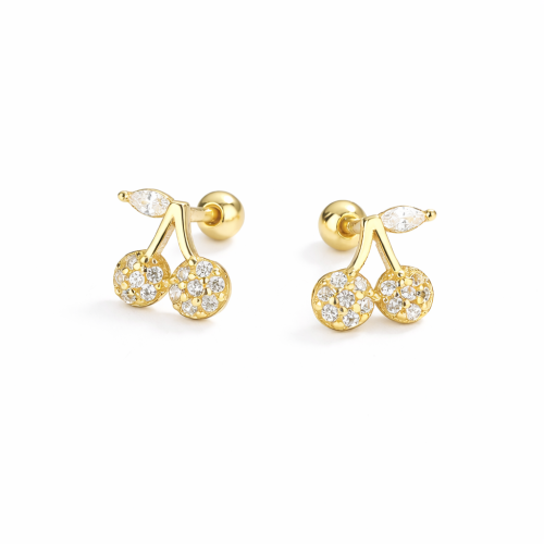 Stelring silver micro pave setting clear CZ cherry shape kids earring