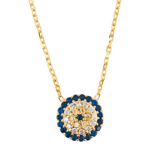 Yellow gold plating blue sapphire and white cz mixed sterling silver evil eye charm necklaces