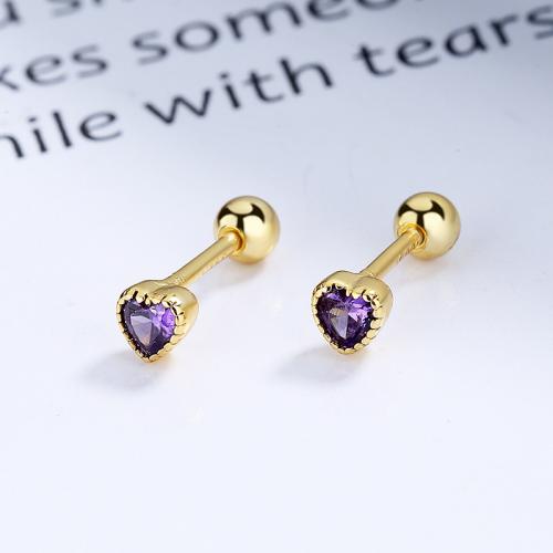 Hypoallergenic sterling silver heart cutting amethyst CZ studs earring