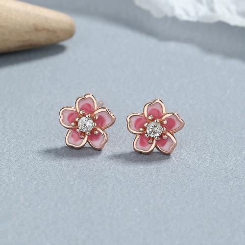 Sterling silver pink enamel blossom flower earring studs for girls