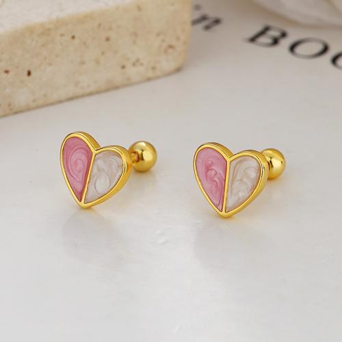 18K gold plating pink enamel heart post earring for children