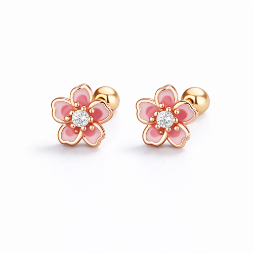 Sterling silver pink enamel blossom flower earring studs for girls
