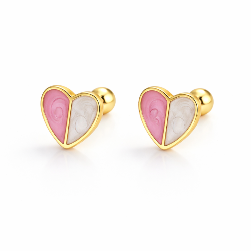 18K gold plating pink enamel heart post earring for children