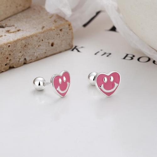 925 sterling silver pink enamel smile face kids studs earring